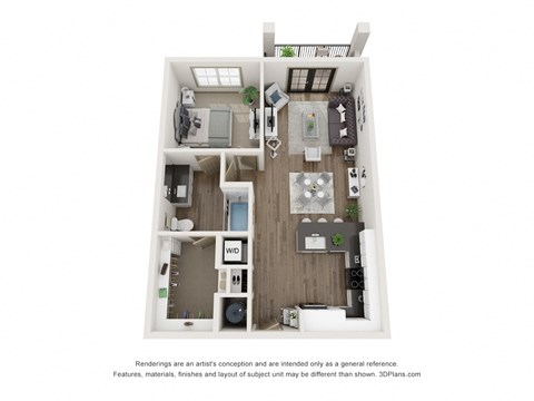 A 3D floor plan of a small apartment with a kitchen, living room, and bathroom.